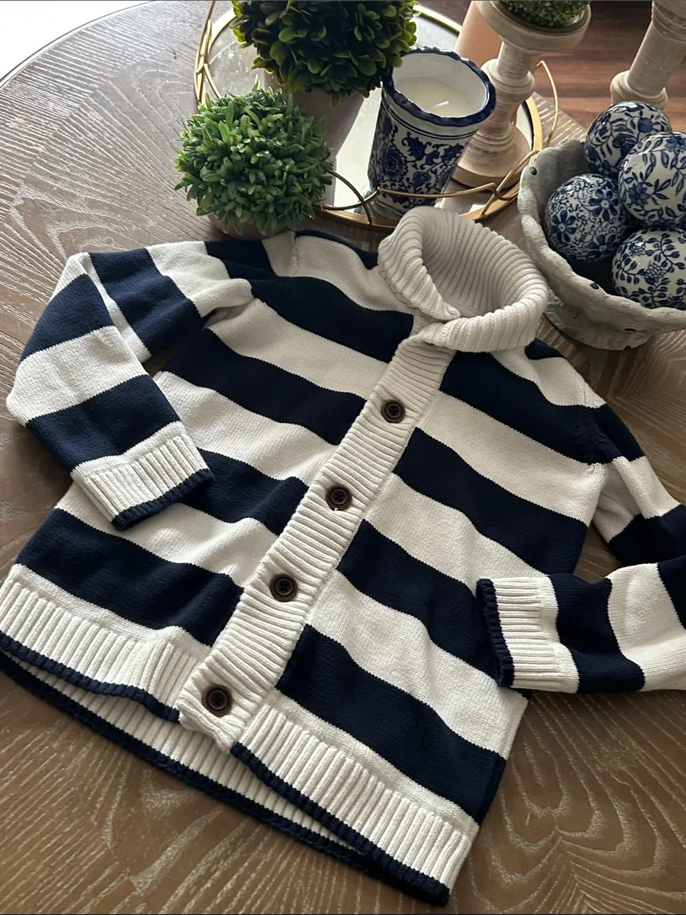 Gymboree Kids Navy & Creamy White Striped Button Sweater Cowl Neck Cardigan